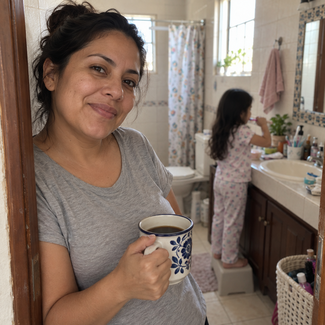 Mamá mirando a su hija cepillarse