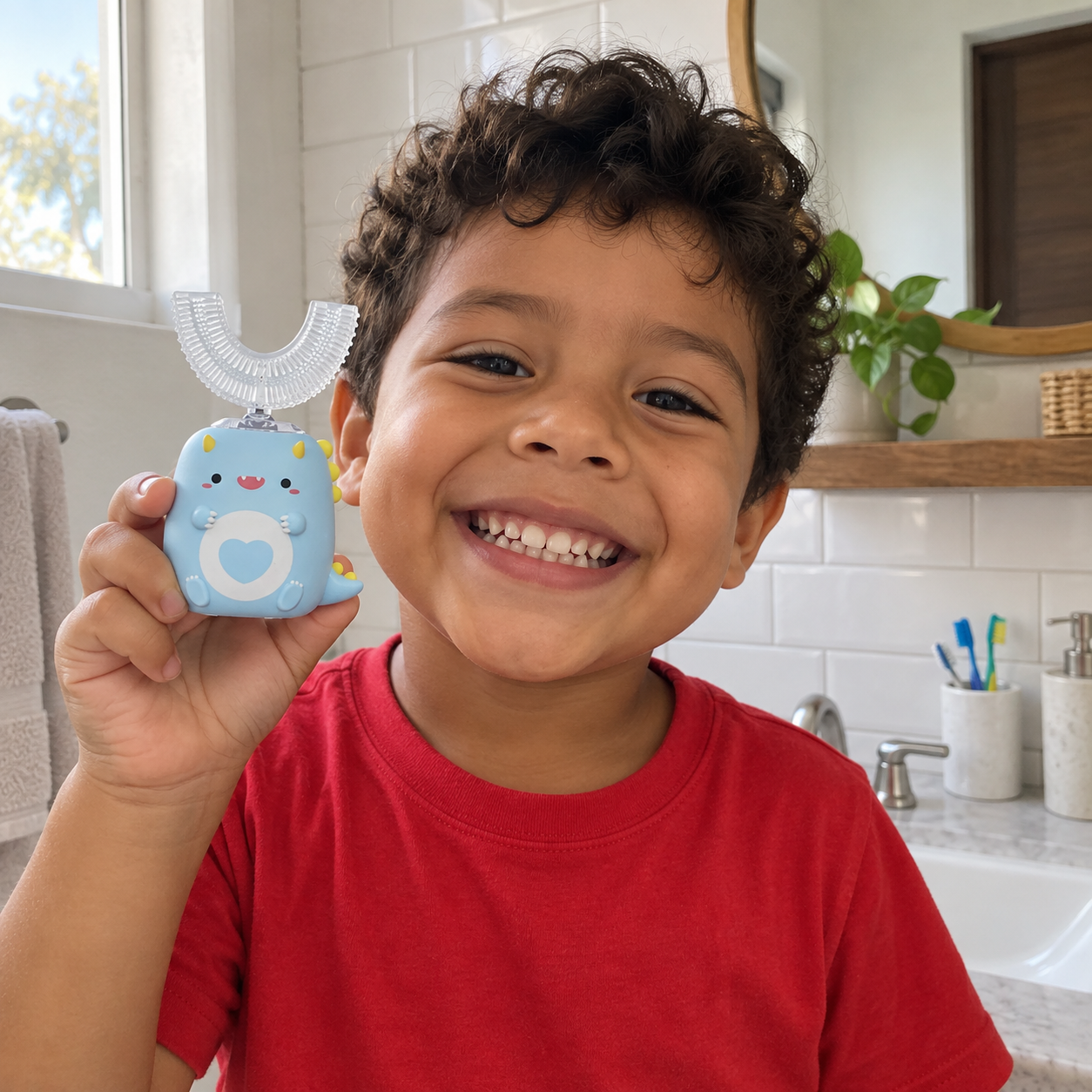Niño sonriendo con los dientes limpios